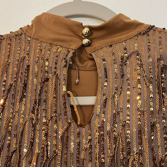 Carla Conti | Sequin gold/copper fringe mesh overlay mini dress Women’s size S - Picture 8 of 11